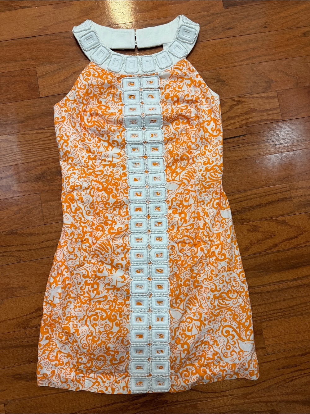 Lilly Pulitzer Orange and White Sleeveless Shift Dress with Embellished Trim